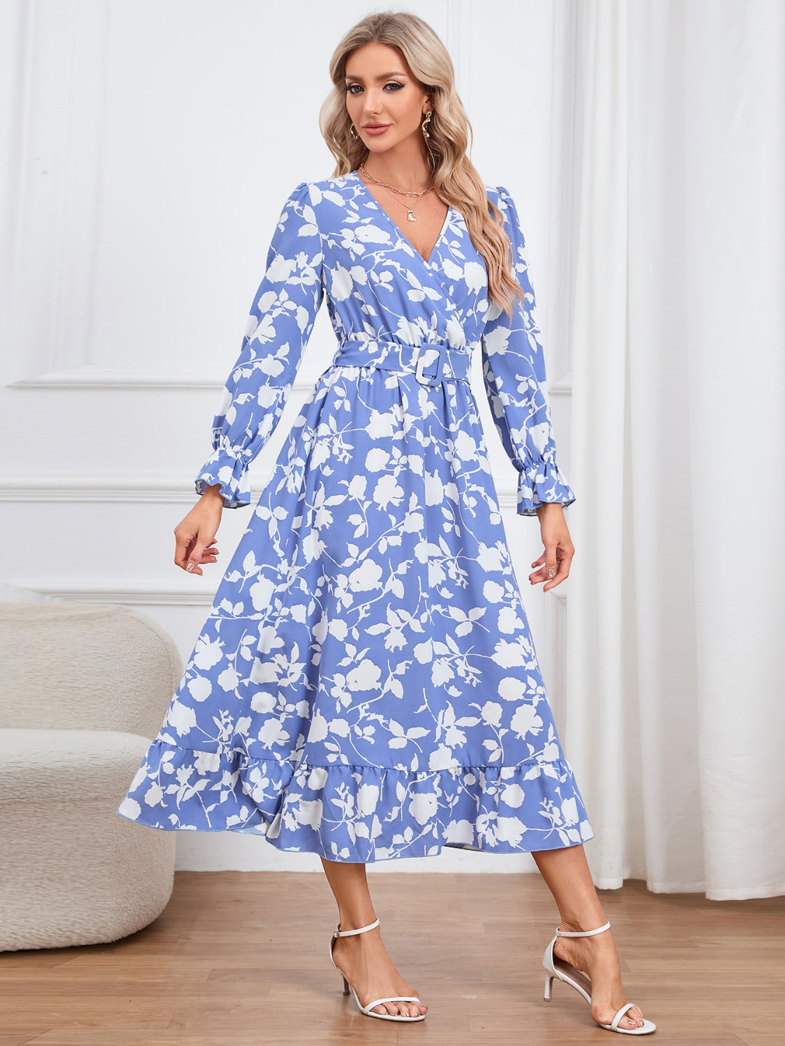 Floral Surplice Flounce Sleeve Ruffle Hem Dress 