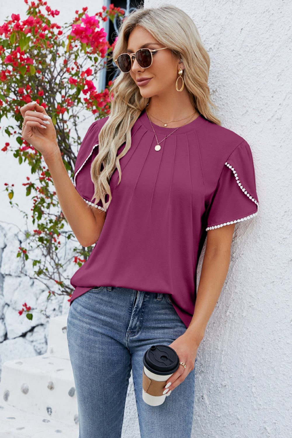 Round Neck Petal Sleeve T-Shirt