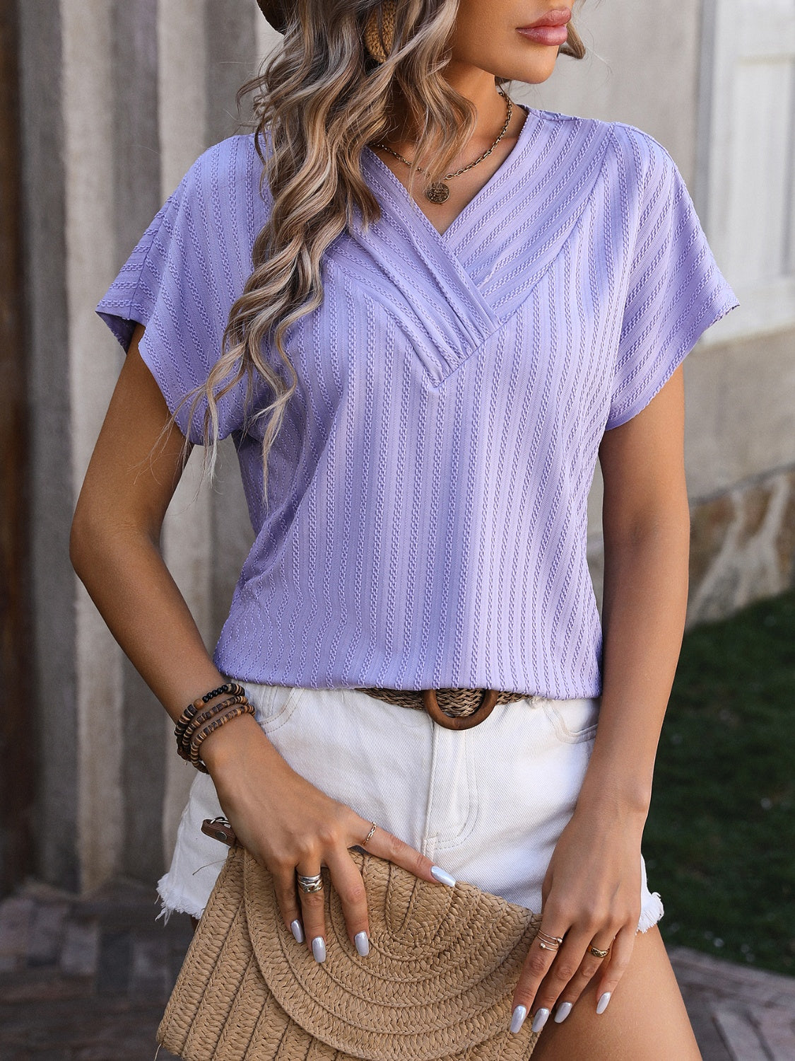 Textured Surplice Short Sleeve Blouse 