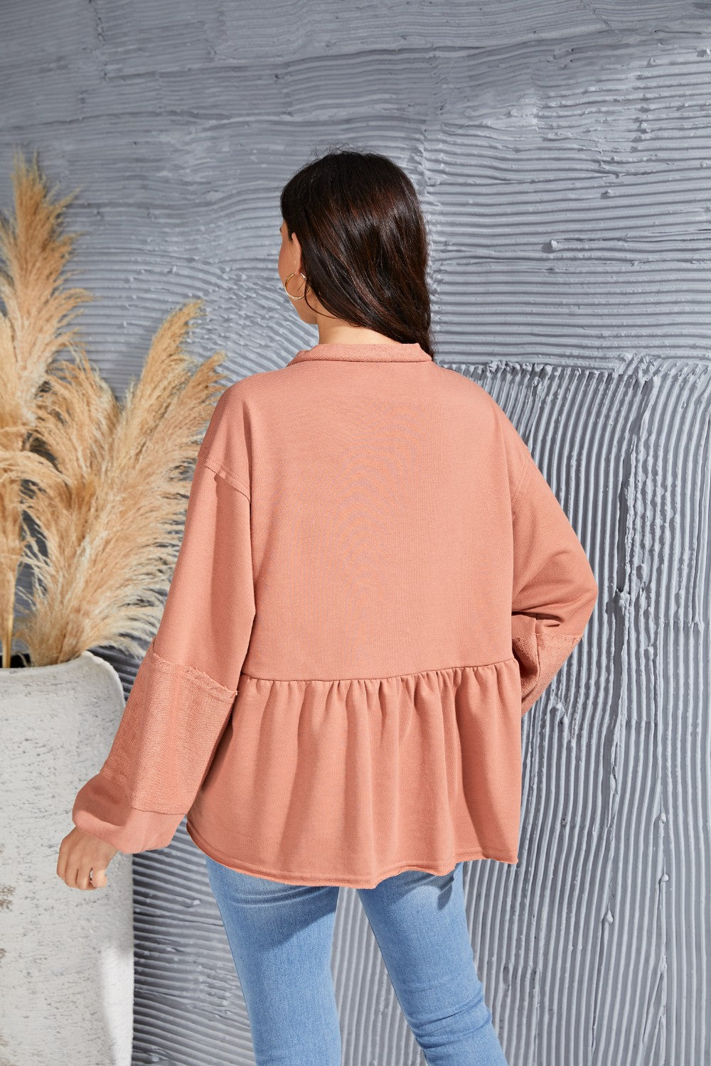 V-Neck Exposed Seams Balloon Sleeve Top 