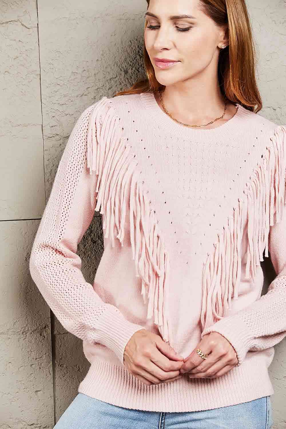 Double Take Fringe Detail Ribbed Trim Sweater 