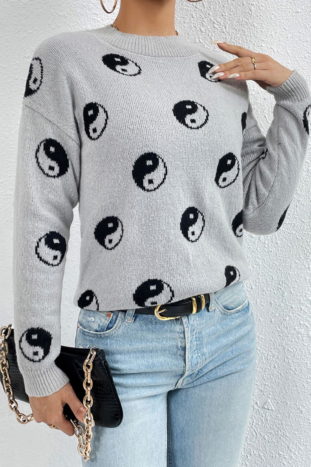 Graphic Mock Neck Dropped Shoulder Sweater