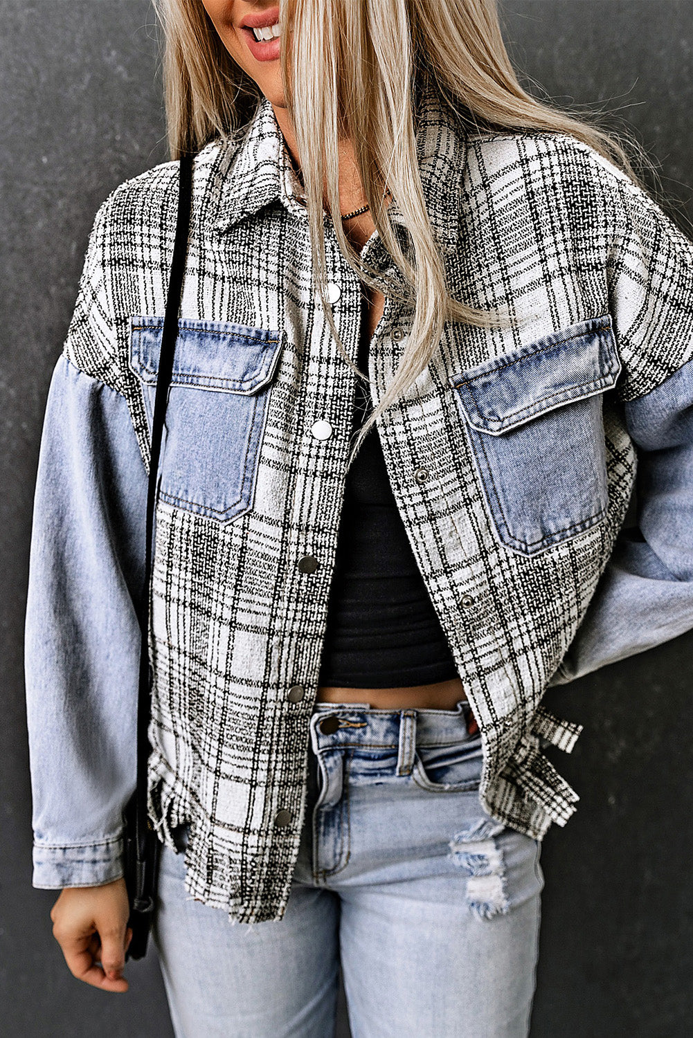 Plaid Pocketed Snap Down Denim Jacket 