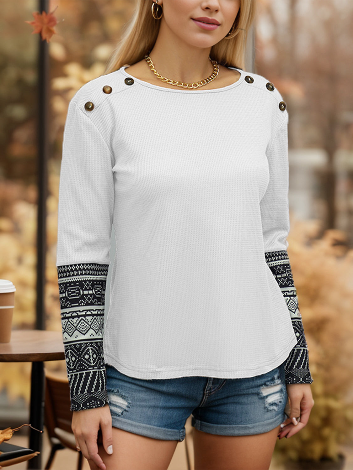 Geometric Waffle-Knit Buttoned Round Neck T-Shirt 