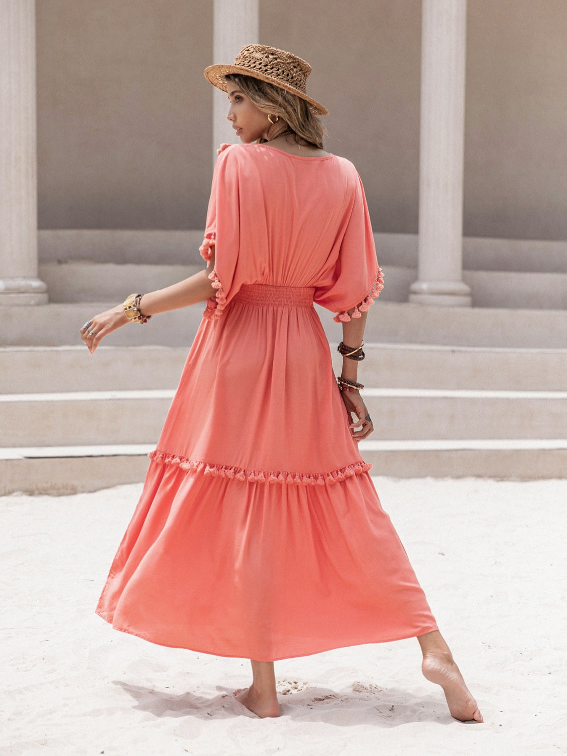 Tassel Trim Smocked V-Neck Short Sleeve Dress 