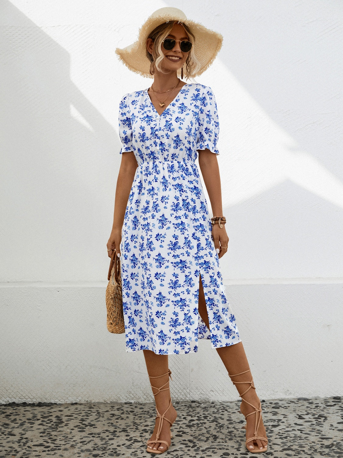 Slit Printed V-Neck Short Sleeve Dress 