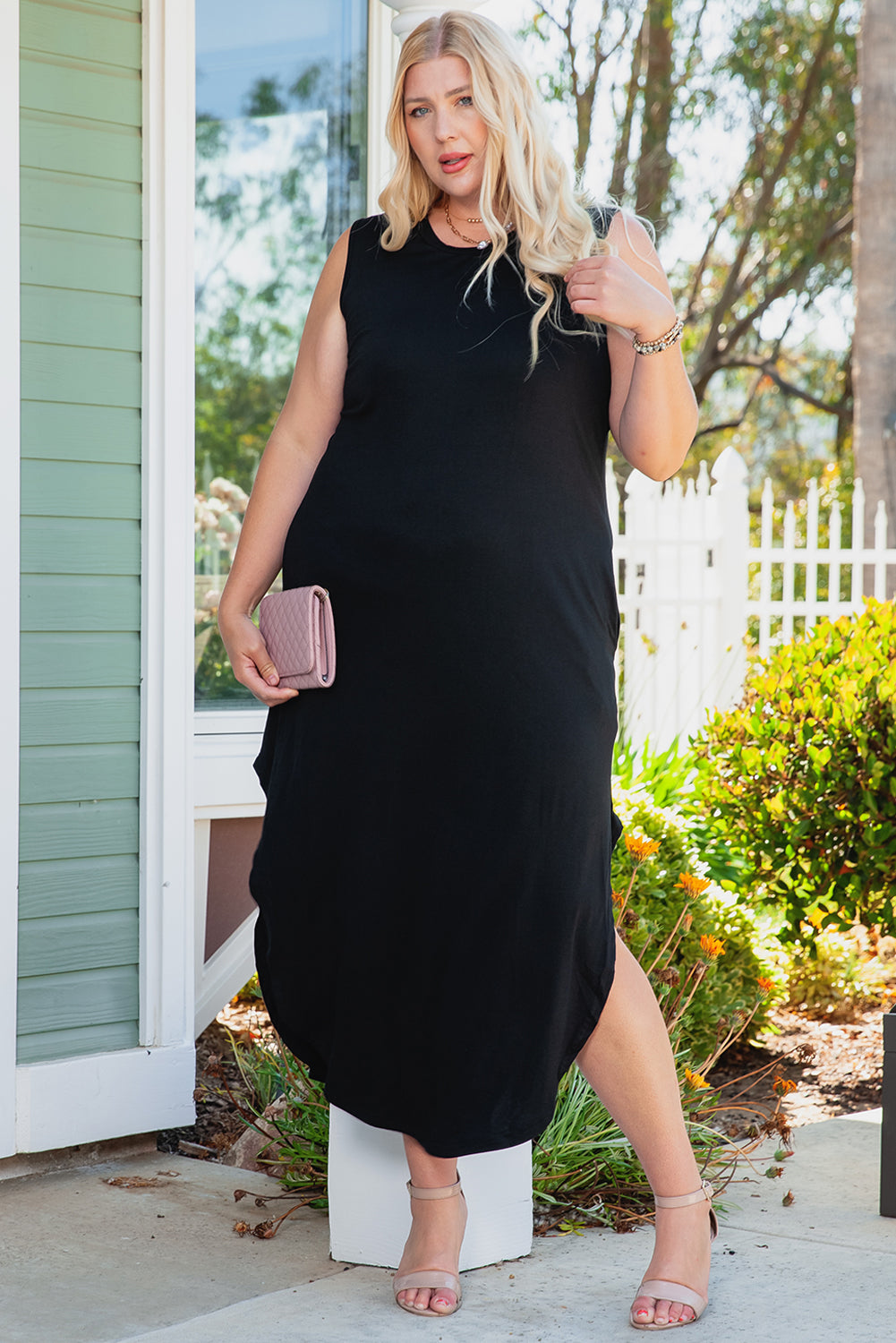 Plus Size Sleeveless Midi Slit Dress with Pockets 