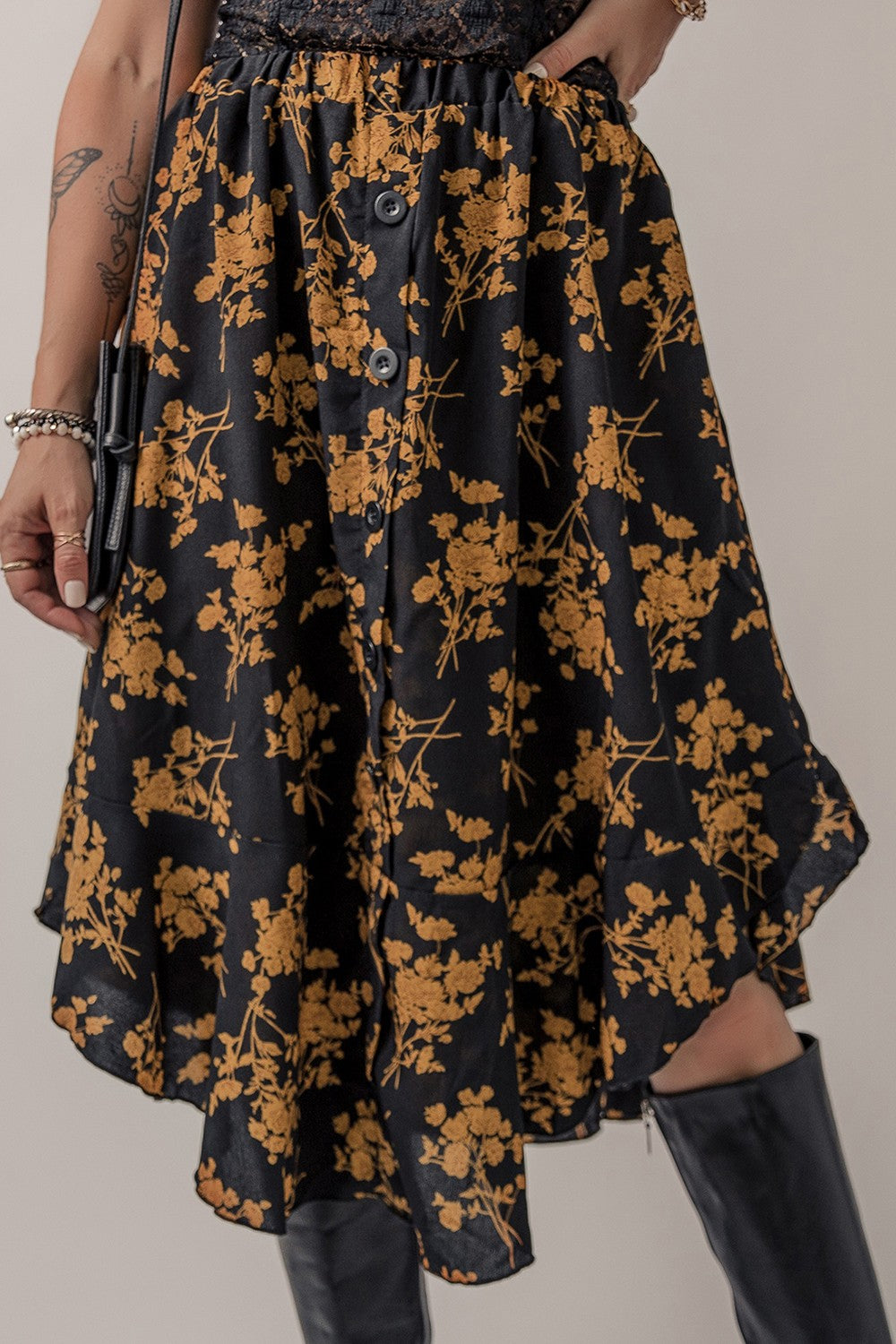 Floral Buttoned Ruffle Hem Skirt 