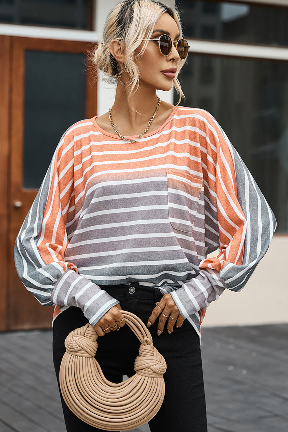 Pocketed Striped Round Neck Batwing Sleeve T-Shirt 