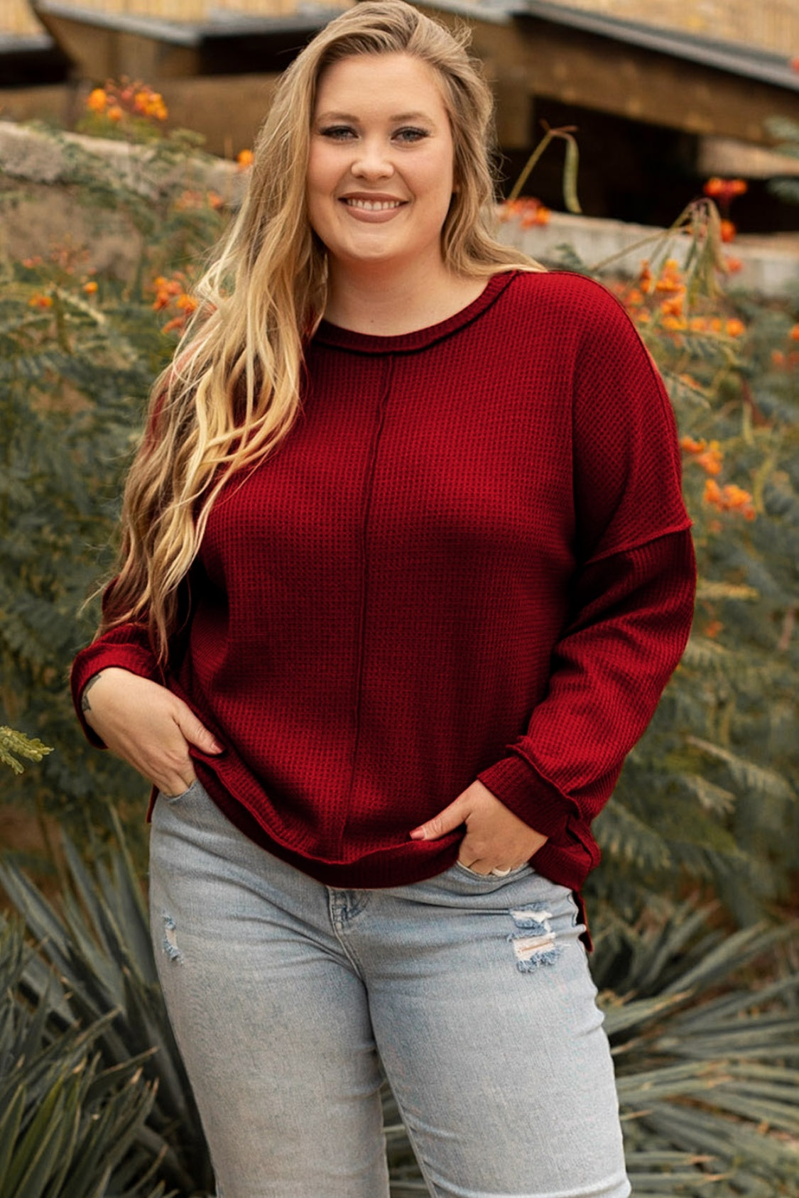 Plus Size Exposed Seam Waffle-Knit High-Low Sweatshirt 