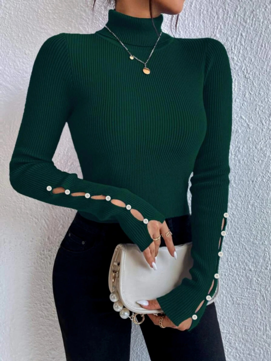 Cutout Turtleneck Rib-Knit Top 