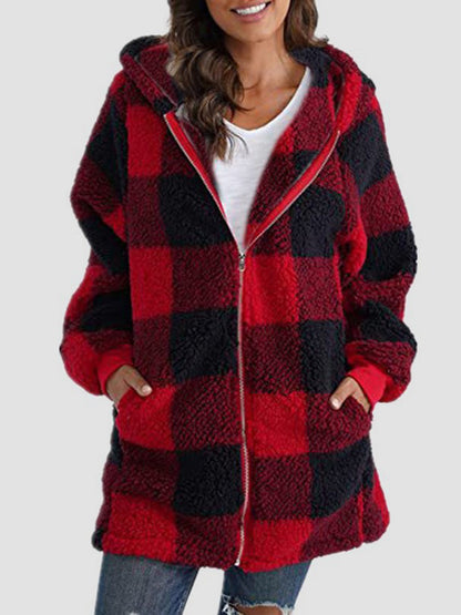 Plaid Zip Up Hooded Jacket with Pockets 