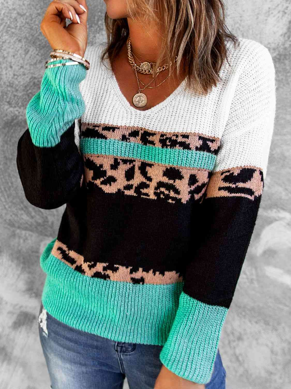 Woven Right Leopard Color Block V-Neck Rib-Knit Sweater