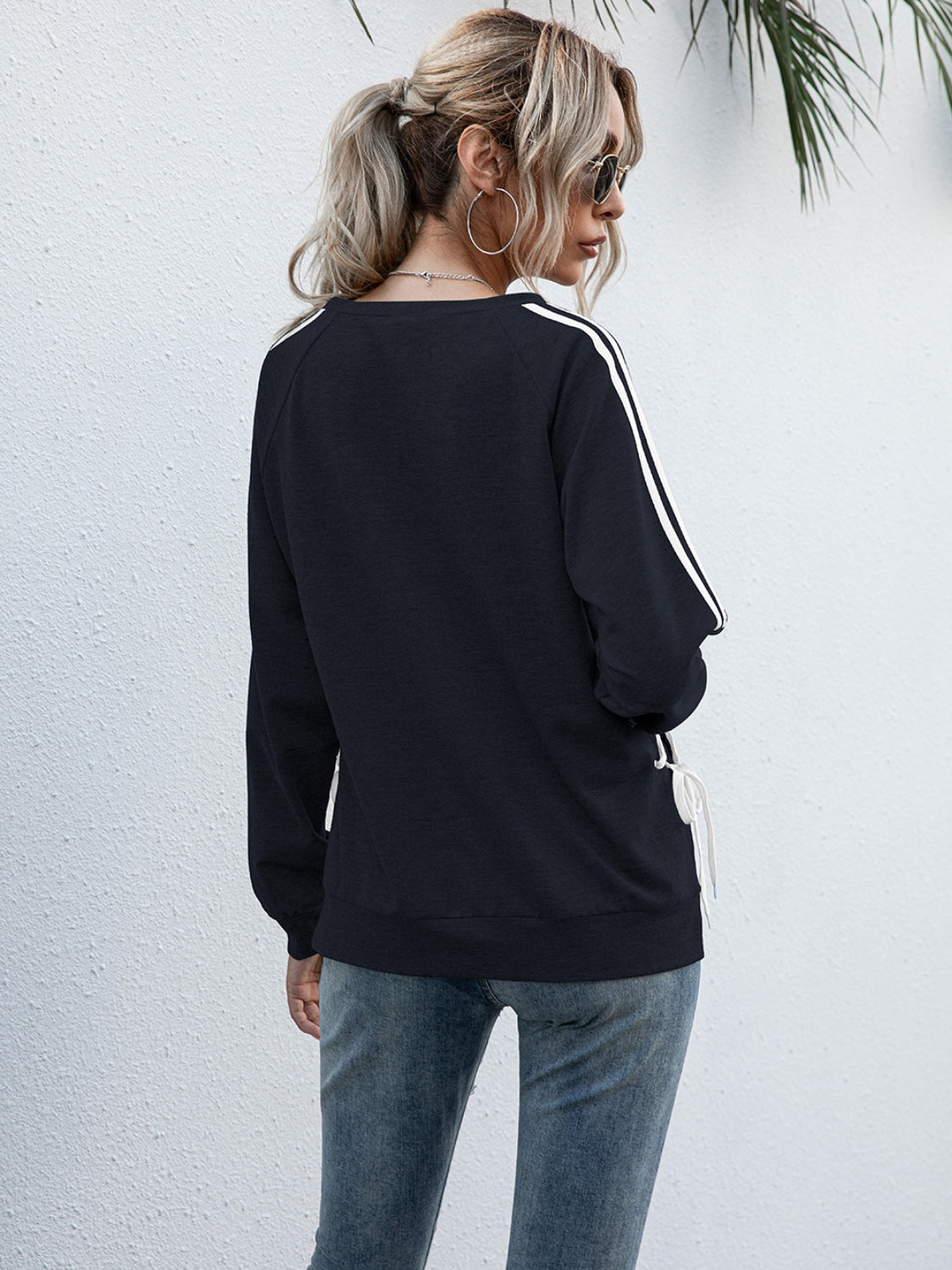 Lace-Up Round Neck Long Sleeve Sweatshirt