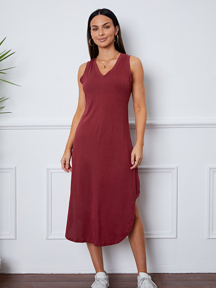 V-Neck Sleeveless Curved Hem Dress 