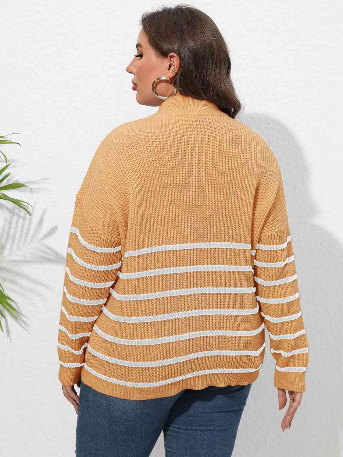 Plus Size Zip-Up Striped Sweater 