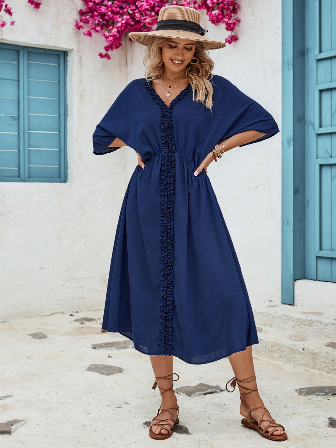 Frill Slit V-Neck Three-Quarter Sleeve Dress 