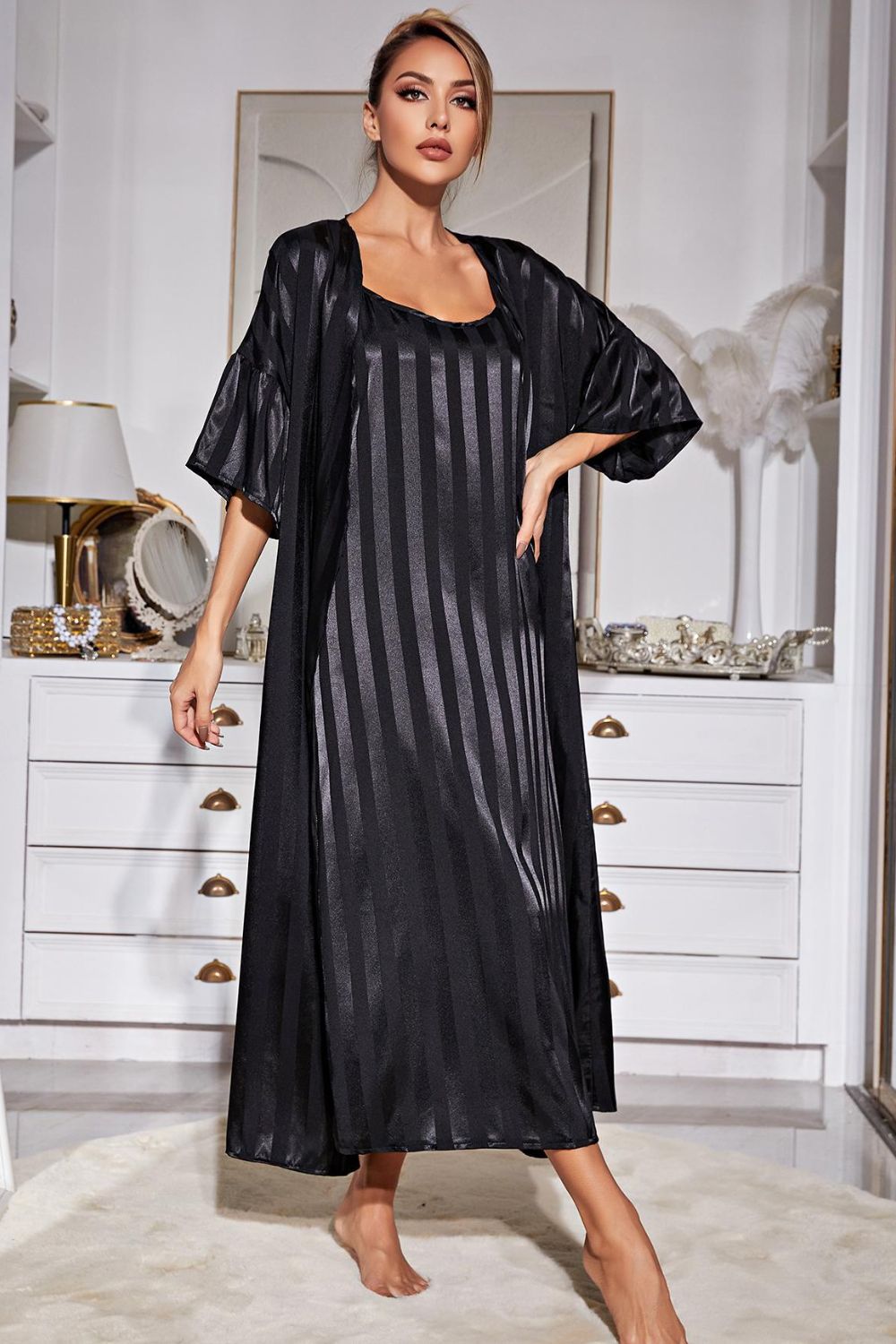 Striped Flounce Sleeve Open Front Robe and Cami Dress Set 