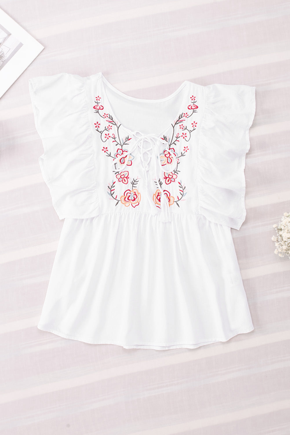 Embroidered Tie Neck Cap Sleeve Blouse 