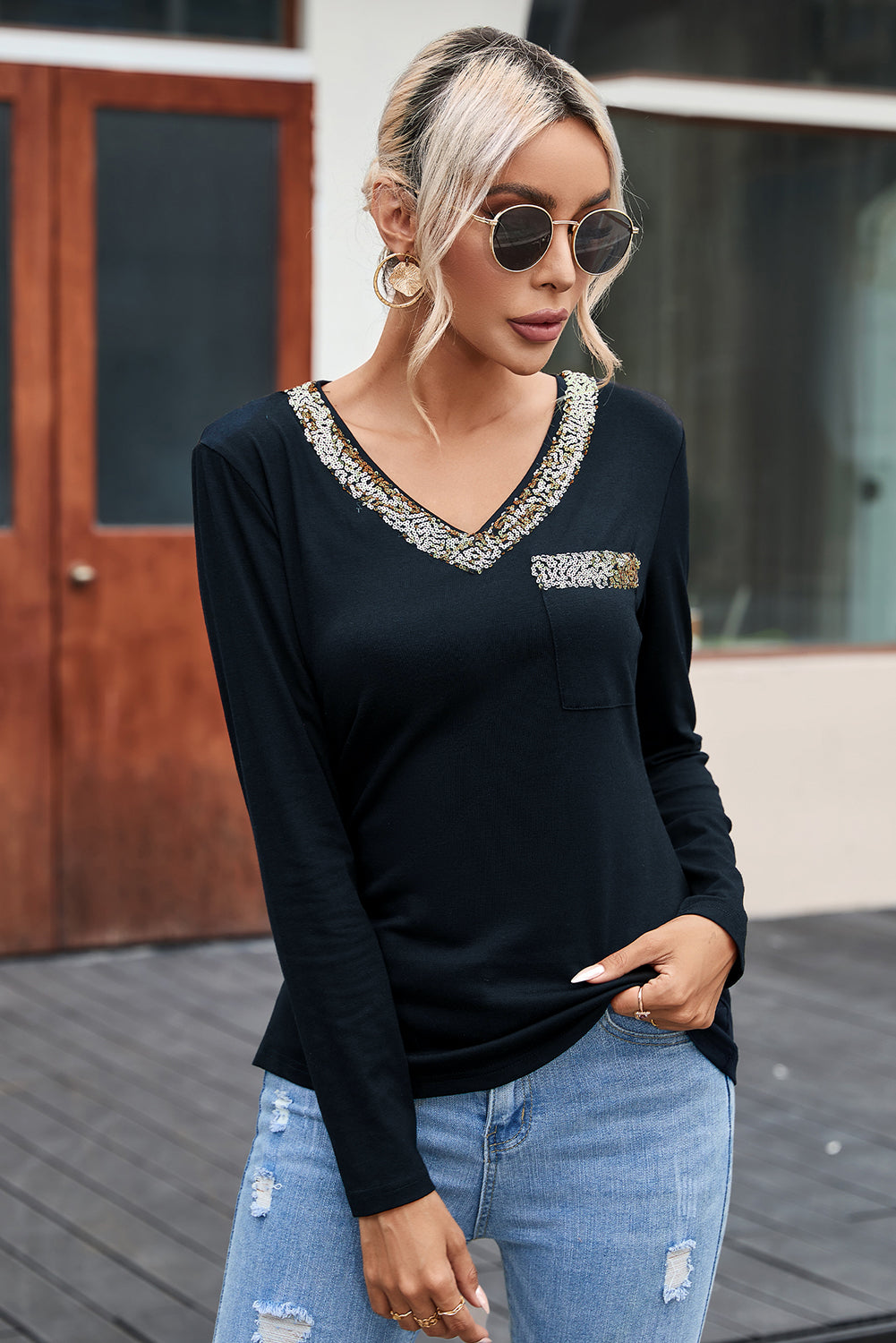 Sequin Contrast Long Sleeve T-Shirt 