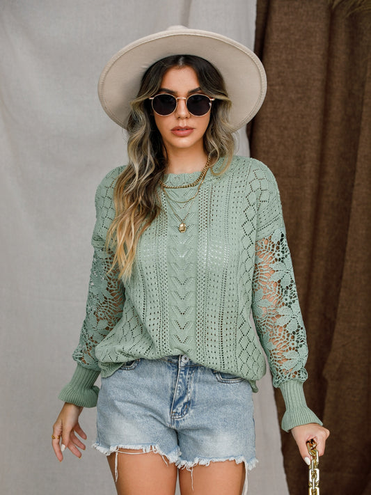 Eyelet Crochet Lantern Sleeve Sweater 