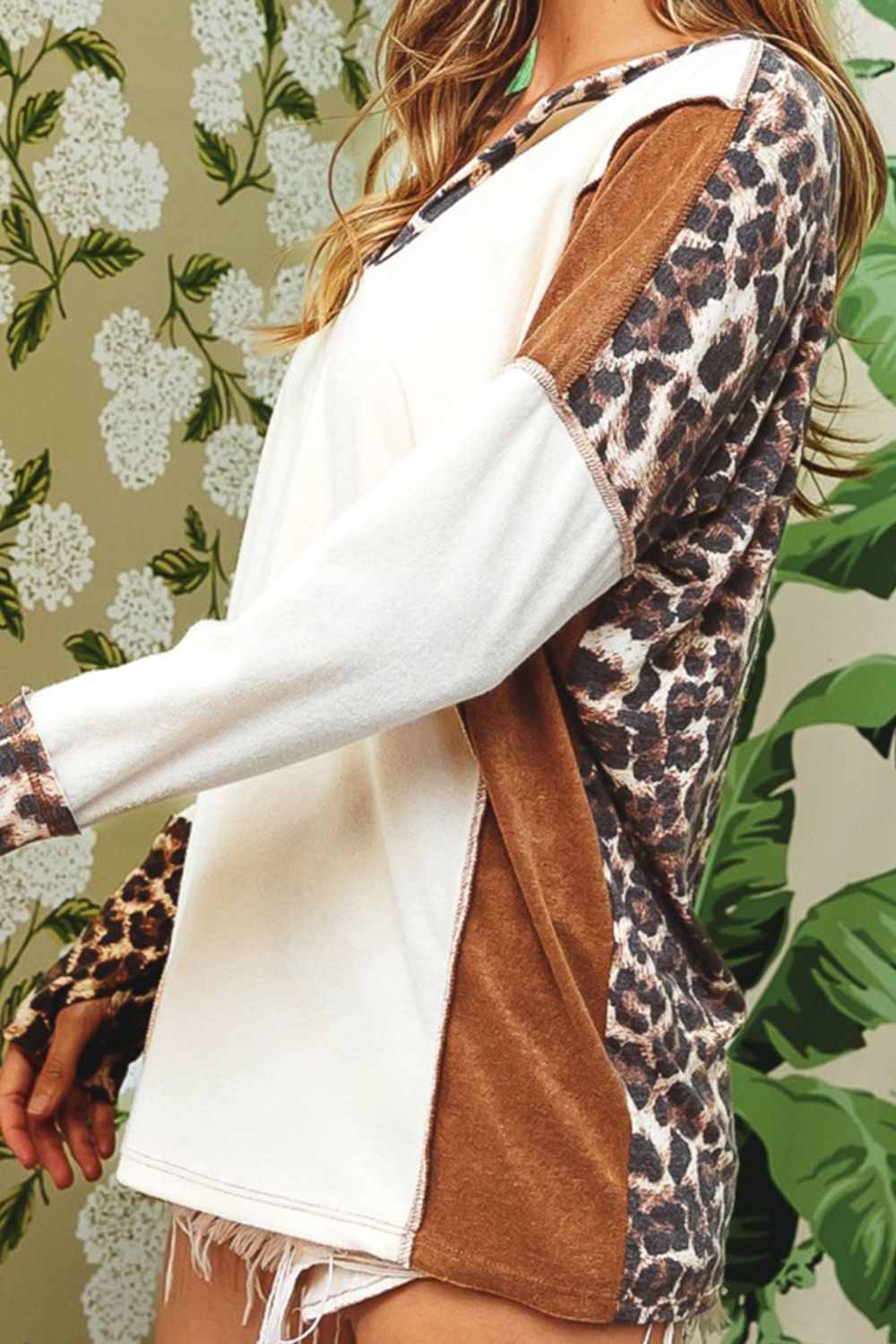 Leopard V-Neck Dropped Shoulder Blouse 