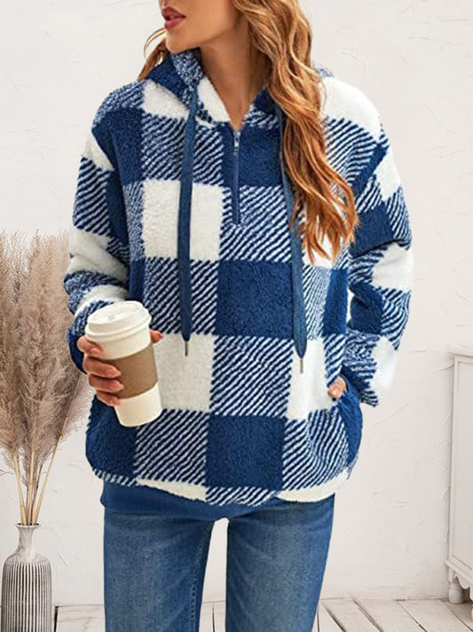 Plaid Half Zip Drawstring Hoodie 