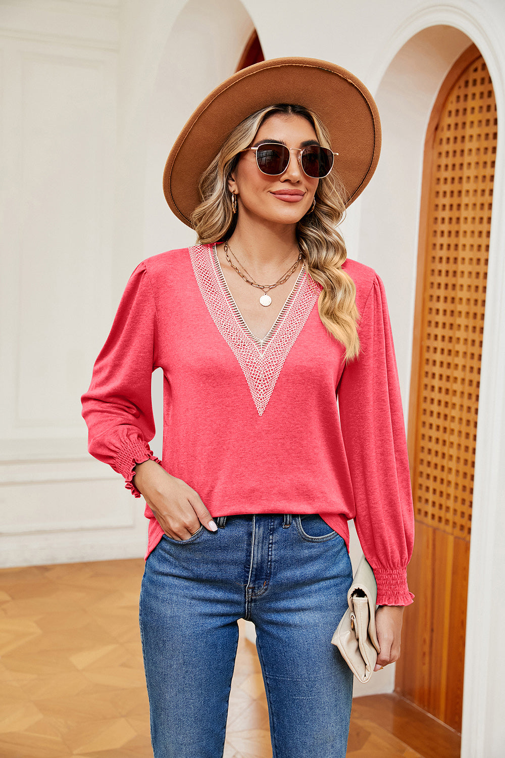 Contrast V-Neck Long Sleeve Top 