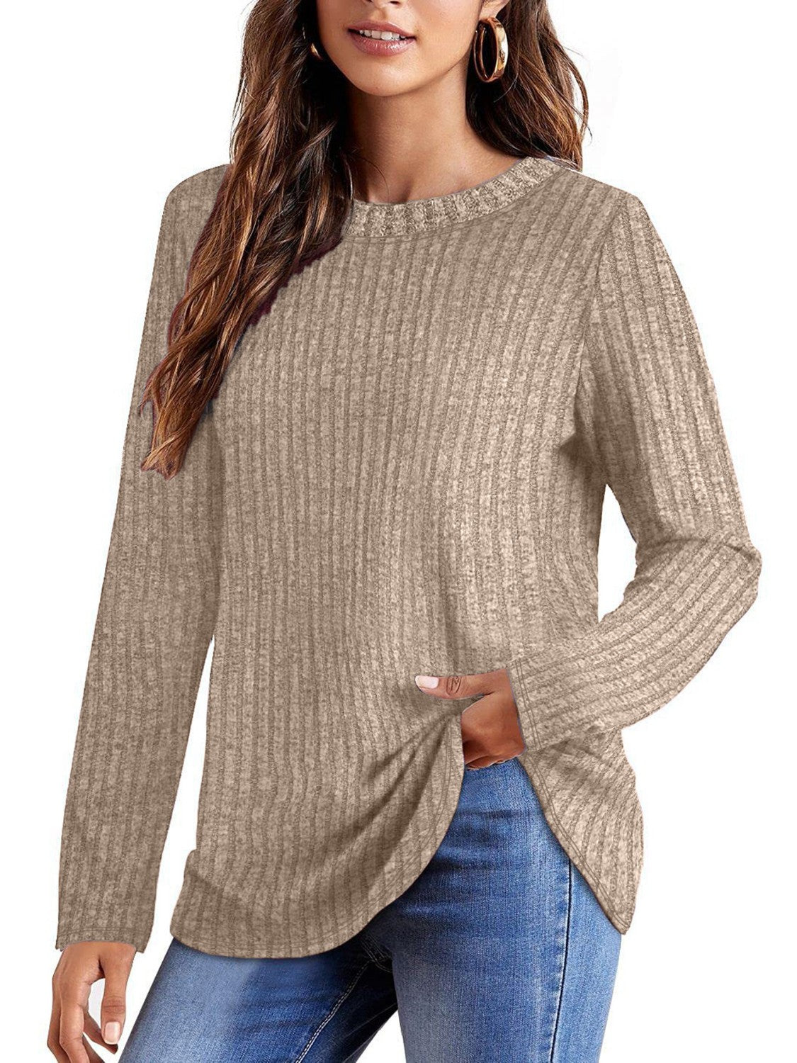 Ribbed Round Neck Long Sleeve Blouse 