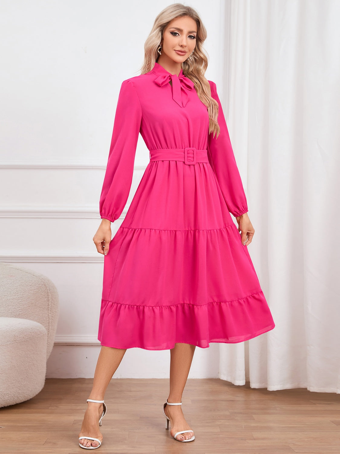 Tie Neck Long Sleeve Tiered Dress 