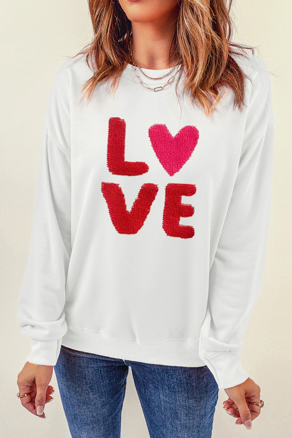 LOVE Embroidered Round Neck Dropped Shoulder Sweatshirt 