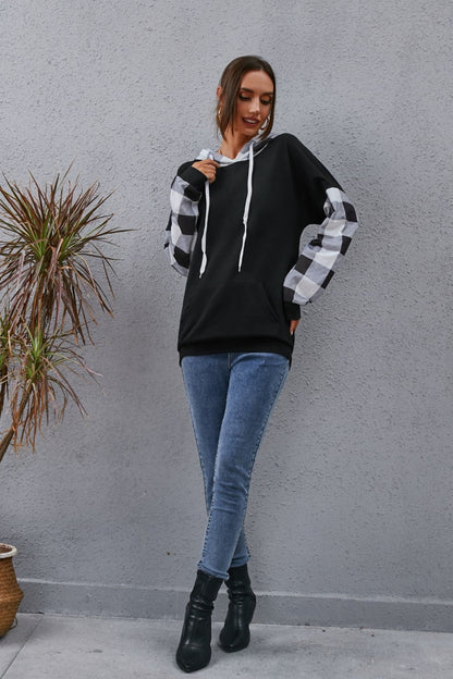 Plaid Drawstring Dropped Shoulder Hoodie 