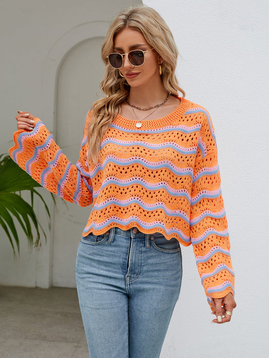 Round Neck Openwork Flare Sleeve Knit Top 