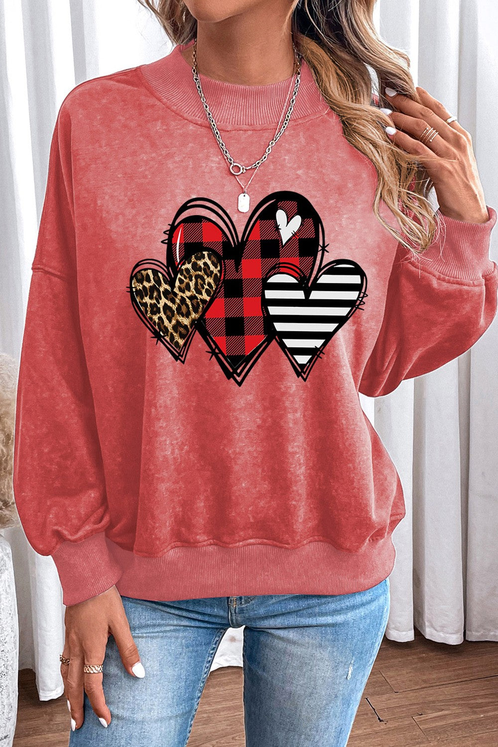 Heart Round Neck Dropped Shoulder Sweatshirt - Babbazon sweatshirt