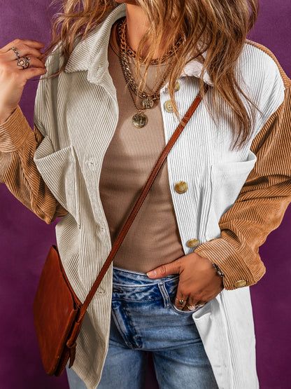 Color Block Ribbed Pocketed Button Up Jacket 