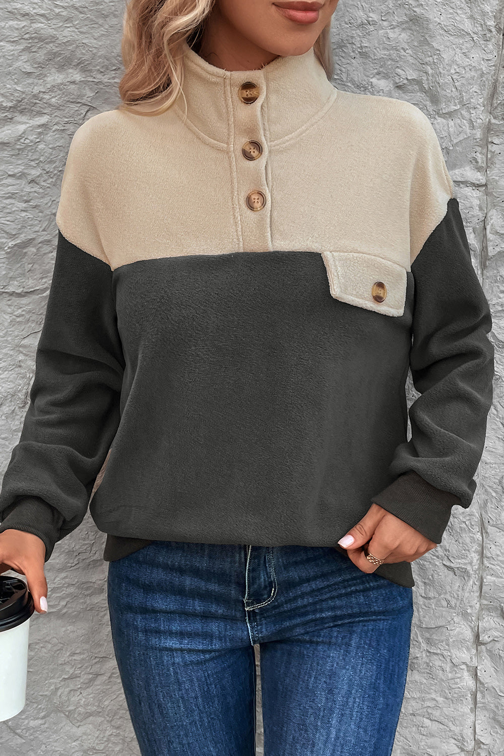 Color Block Quarter Button Dropped Shoulder Sweatshirt 