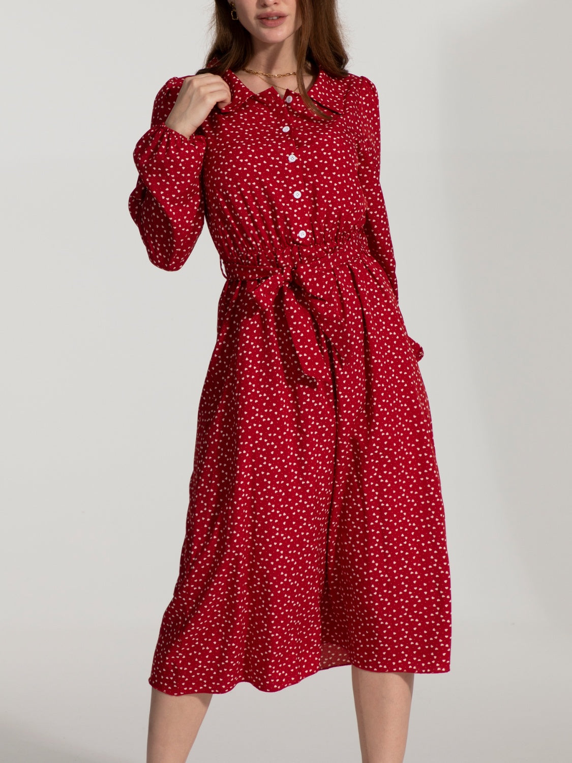 Tied Printed Button Up Balloon Sleeve Dress 