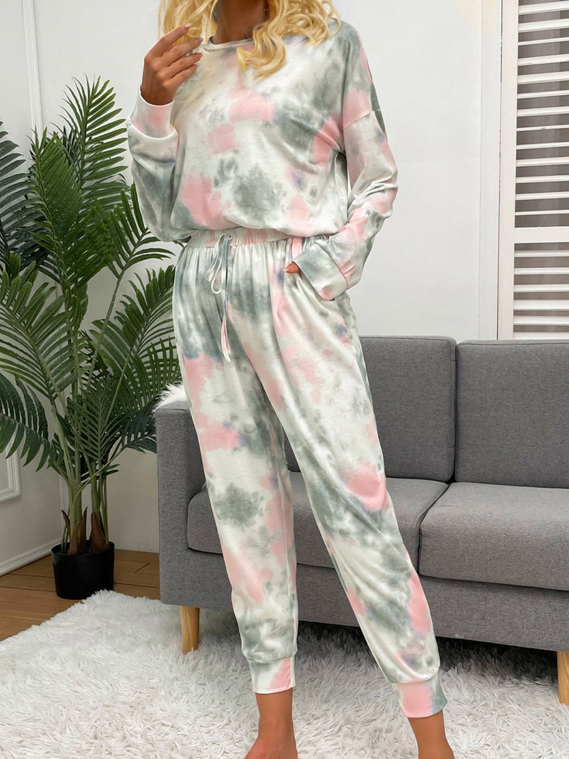 Tie-Dye Round Neck Top and Drawstring Pants Lounge Set 