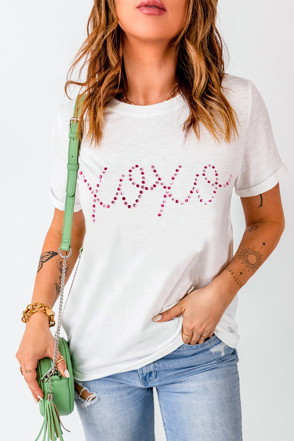 XOXO Rhinestone Round Neck Short Sleeve T-Shirt - Babbazon Tops