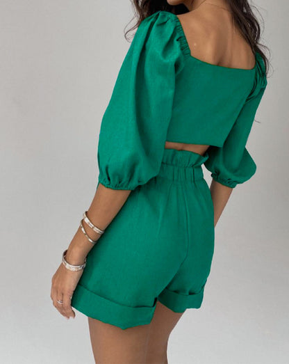 Cutout Puff Sleeve Top and Shorts Set 