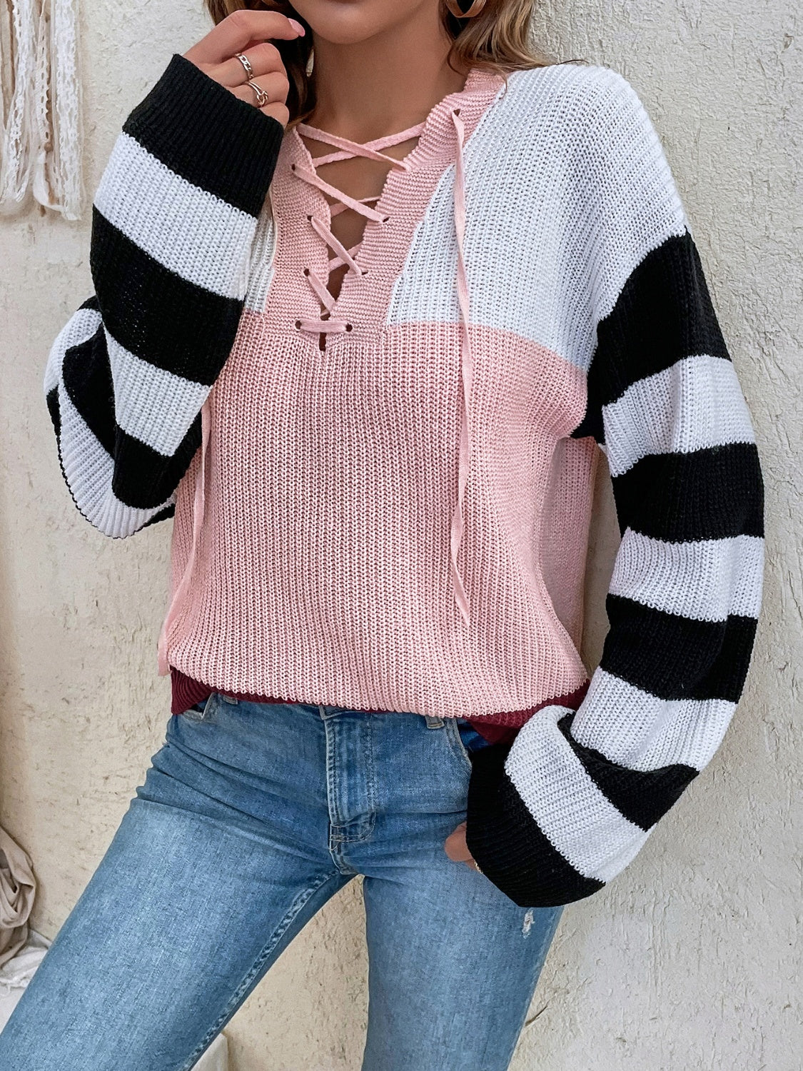 Color Block Tied Dropped Shoulder Sweater 