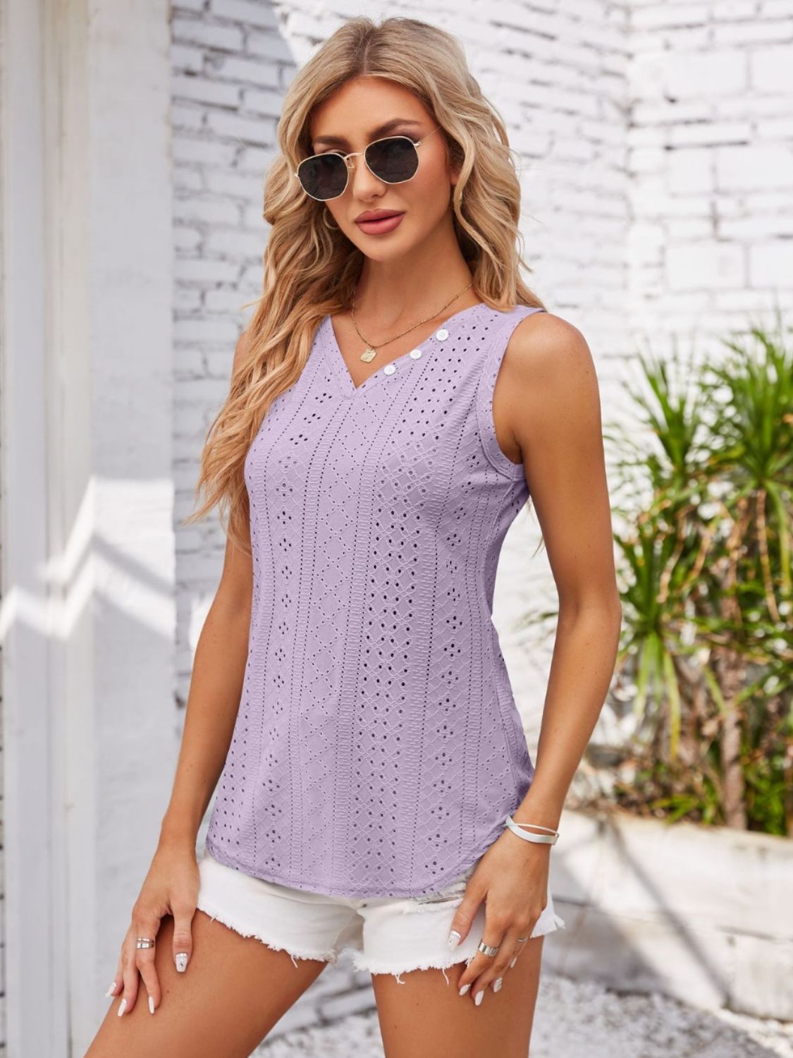 Eyelet Decorative Button V-Neck Tank