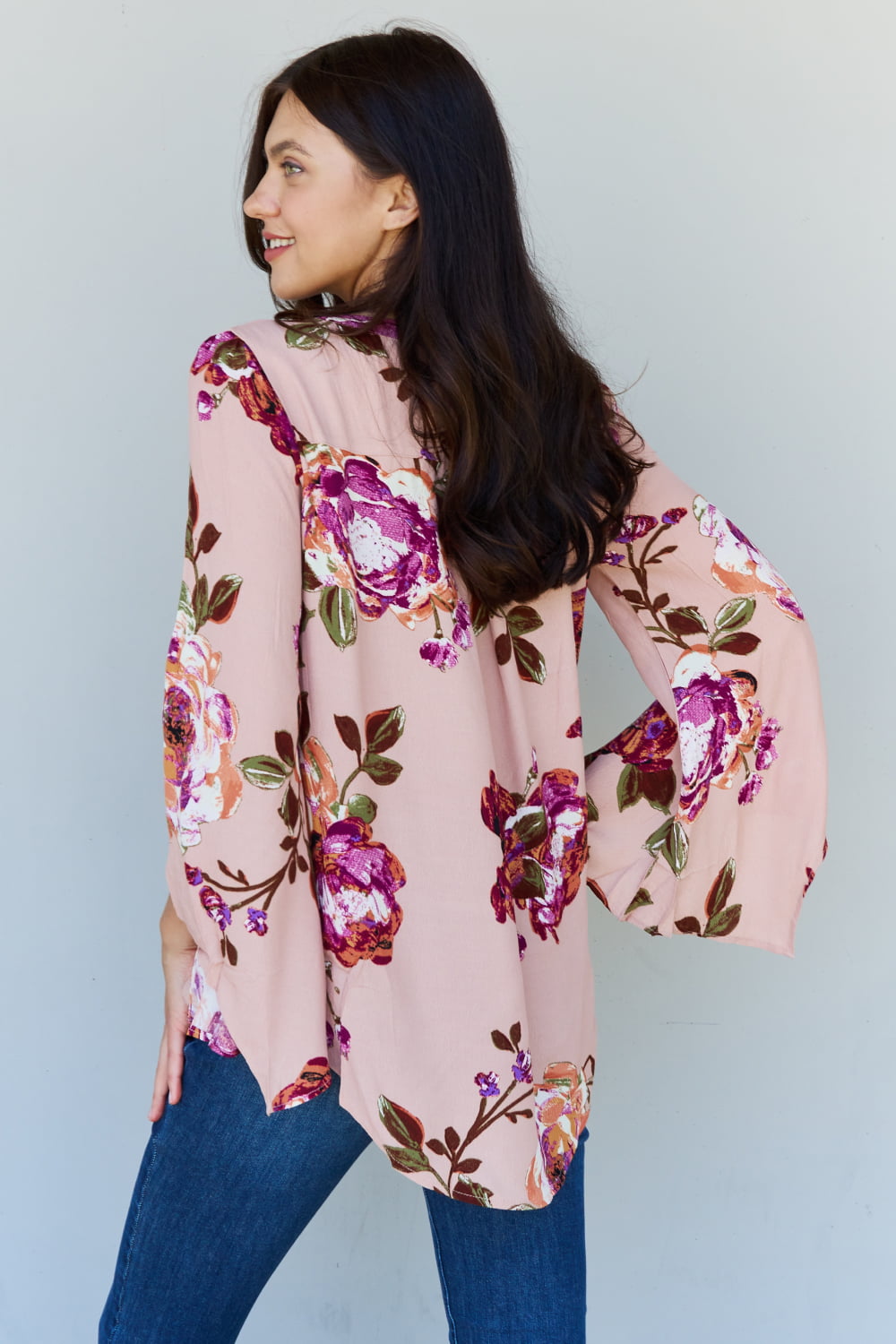 ODDI Full Size Floral Bell Sleeve Crepe Top 