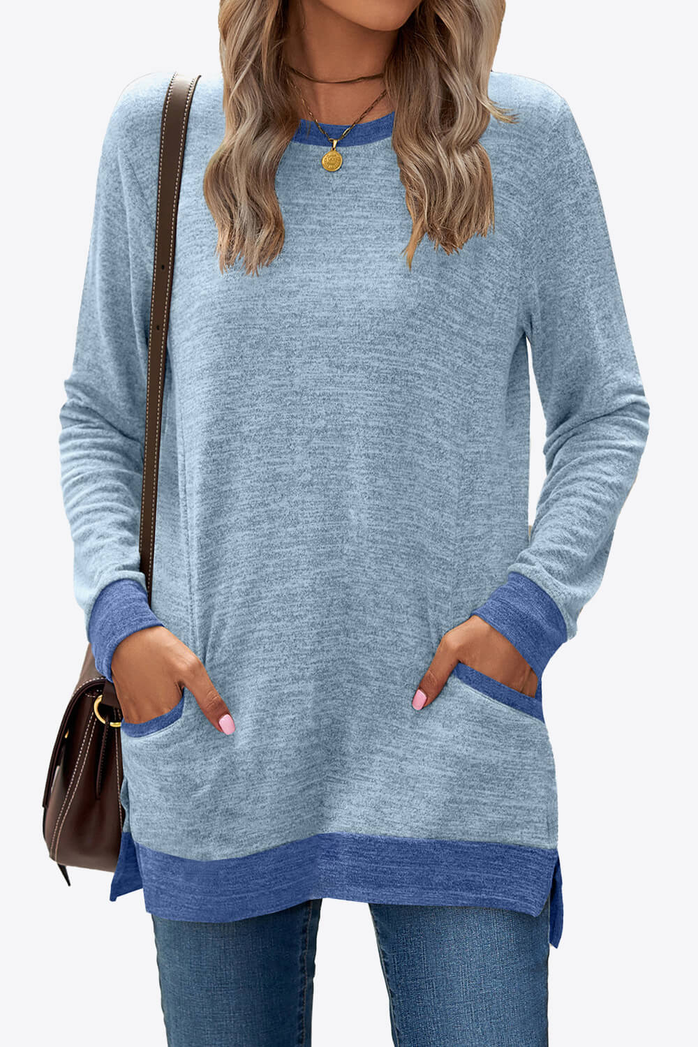 Heathered Slit Top with Pockets 