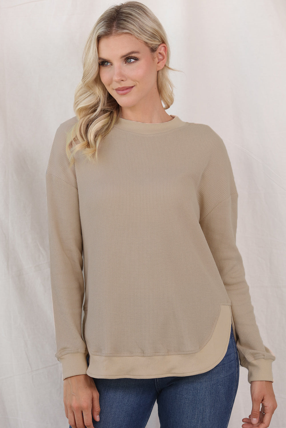 Waffle-Knit Crewneck Drop Shoulder Top