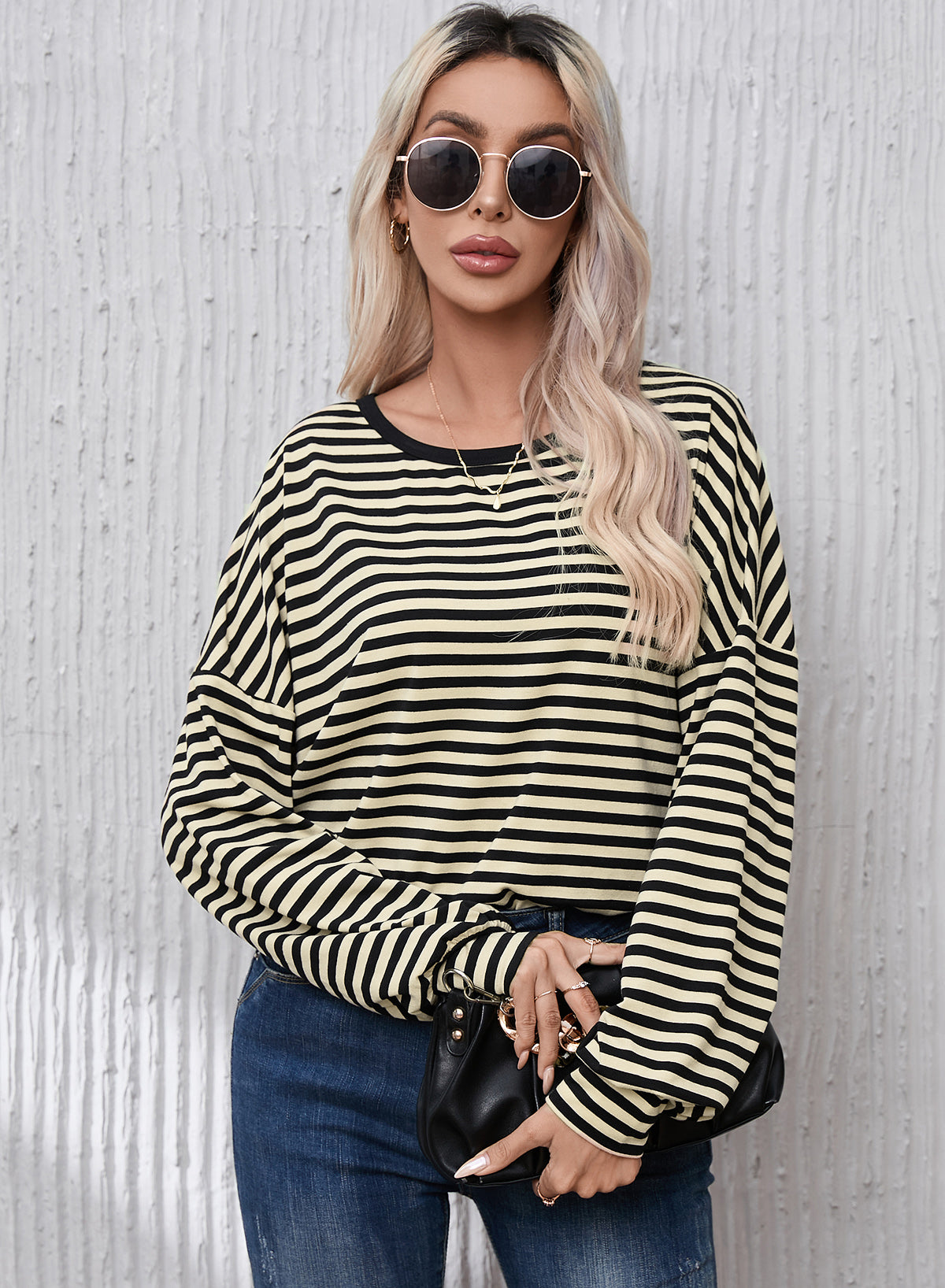 Striped Round Neck Dropped Shoulder T-Shirt 