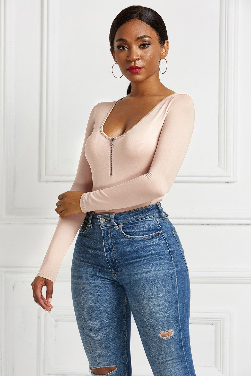 Half Zip Scoop Neck Long Sleeve Bodysuit 