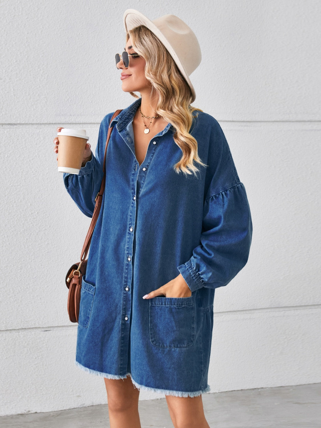 Button Up Pocketed Raw Hem Denim Dress 