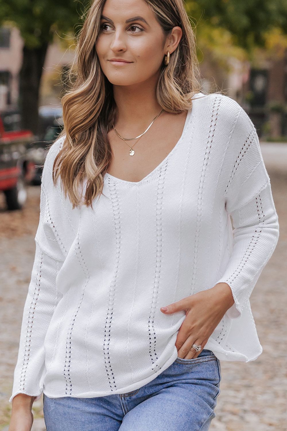 Openwork V-Neck Long Sleeve Knit Top 