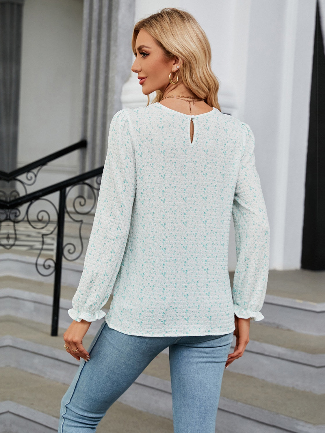 Printed Round Neck Flounce Sleeve Blouse